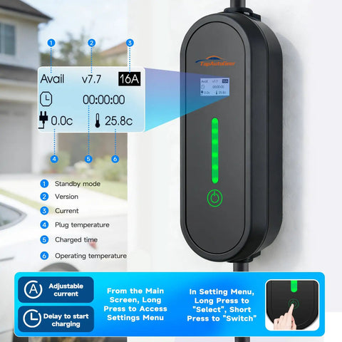 Portable Level 1 And 2 EV Charger For Tesla Models Y 3 X S Cybertruck With 16A 240V NEMA 6-20 Plug in operation display