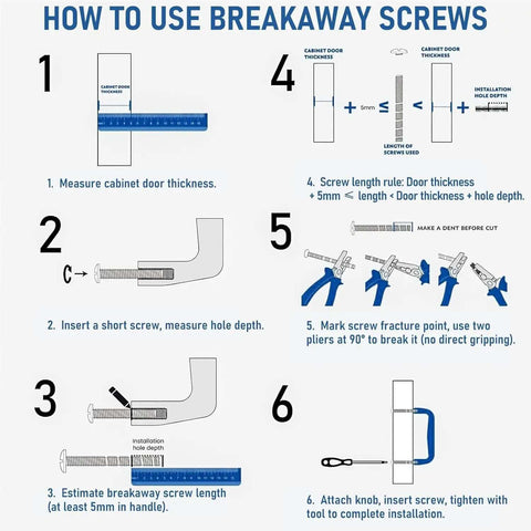 Step-by-step guide on using breakaway screws for 15 Pack Cabinet Knobs Set 1 1 Quarter Inch Matte Black Round Drawer Knobs.