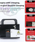 Heavy Duty Three In One Electric Terminal Crimping Machine With Foot Switch And Seven Dies For Stripping Cutting Copper Wire High Output showing adjustment buttons and wire stripper.