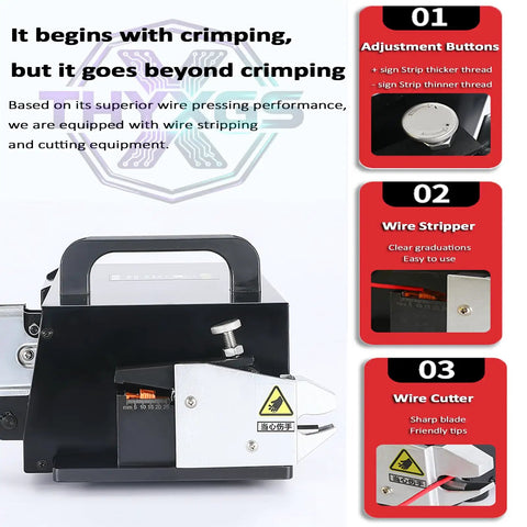 Heavy Duty Three In One Electric Terminal Crimping Machine With Foot Switch And Seven Dies For Stripping Cutting Copper Wire High Output showing adjustment buttons and wire stripper.