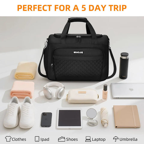 Underseat Duffle Bag For Women Ultra Lightweight Foldable Carry On Luggage Ideal Weekender Or Overnight Tote Personal Item For Air Travel Fits Under Seat 16 Inch Black placed near travel essentials.