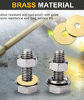 Heavy Duty Brass Flat Washers 20 Piece Set Rock Solid M5 Sealing Rings Rust Resistant For Bolts Screws Nuts shown with bolts.