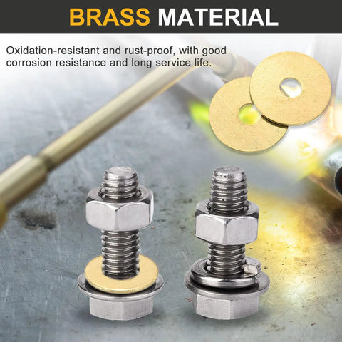 Heavy Duty Brass Flat Washers 20 Piece Set Rock Solid M5 Sealing Rings Rust Resistant For Bolts Screws Nuts shown with bolts.