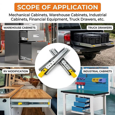 Beefy Heavy Duty Full Extension Ball Bearing Drawer Slides Pair For 20 To 76 Inch Range, showing use in various cabinets