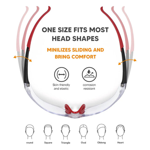 Safety Glasses 6 Pack With UV400 Protection And ANSI Z87.1 Certification showing adjustable temples and nose pads for all head shapes.