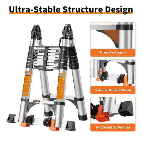 Heavy-Duty Telescoping A-Frame Ladder 12.5 Ft With Dual Locks, Triangular Stabilizers, And 330 Lb Capacity, Wobble-Free Anti-Slip Rungs, Reinforced Feet For Steady Home And Pro Jobs, with triangular support and anti-slip feet