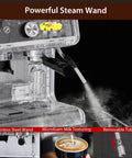 Home Barista Espresso Machine With Integrated Grinder And Auto Milk Frother showing powerful steam wand for frothing milk.