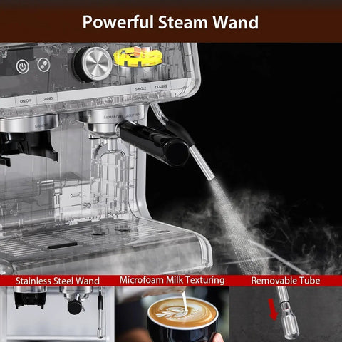 Home Barista Espresso Machine With Integrated Grinder And Auto Milk Frother showing powerful steam wand for frothing milk.