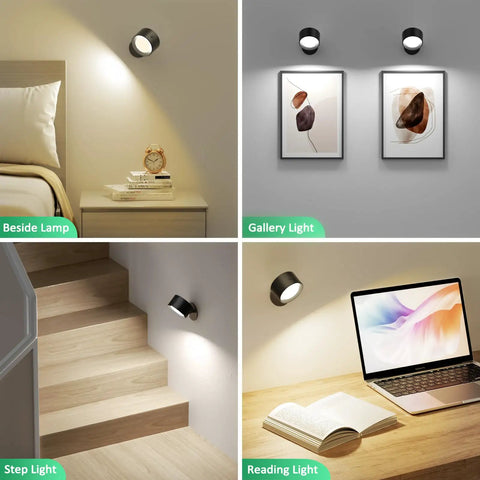 Racokky LED Wall Mounted Lights with Remote, Rechargeable Wall Sconces in a bedroom beside a bed and decorative gallery setting.