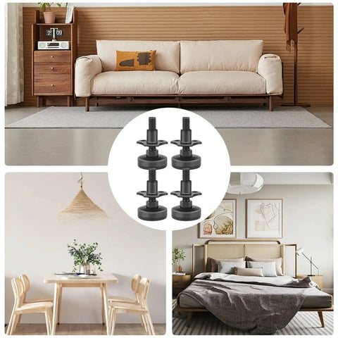 Heavy Duty Adjustable Leveling Feet 4 Pack For Cabinets And Tables Protective Furniture Feet With Three-Eighth Inch Thread Rock Solid Support Up To Two Hundred Pounds Per Foot Keeps Surfaces Level And Wobble Free shown with furniture applications