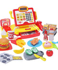 Pretend Play Cash Register Toy With Barcode Scanner Calculator Microphone Play Food And Supermarket Checkout Gear For Kids Ages 3 4 5 6 8 Awesome Gift For Boys And Girls includes yellow and red register, plastic food, coins, and utensils.