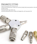 Close-up of Three Way Air Manifold 1/4 NPT Male Thread Aluminum Alloy Pneumatic Fitting with quick-connect outlets.