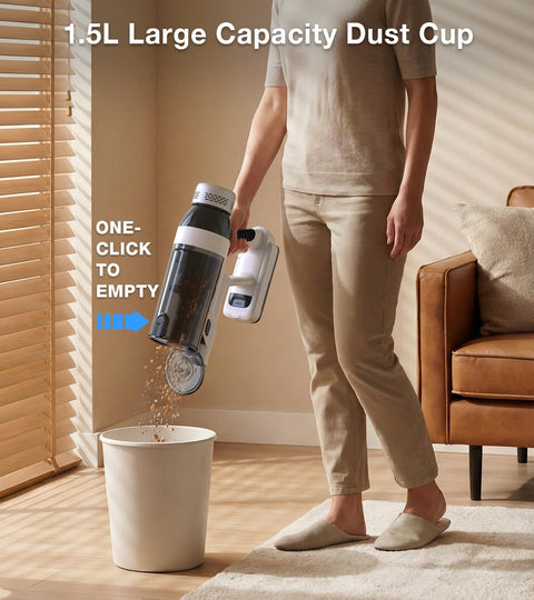 Person emptying the dust cup of Cordless Vacuum Cleaner With 55 Minutes Runtime 15 In 1 Self Standing Stick Vacuum into trash bin