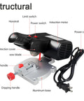 Structural design of 110V Mini Cut Off Chop Saw For Wood And Plastics, Tiny Table Miter Saw Tool with 12mm Cutting Depth, 0-45 Degree Bevel