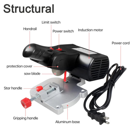 Structural design of 110V Mini Cut Off Chop Saw For Wood And Plastics, Tiny Table Miter Saw Tool with 12mm Cutting Depth, 0-45 Degree Bevel