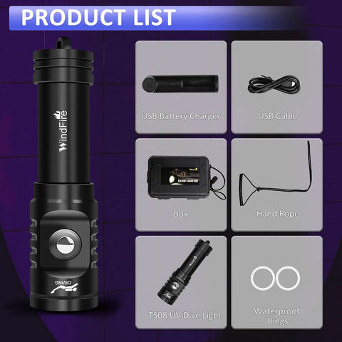 395 Nm UV Scuba Dive Light With Power Indicator Waterproof Black Light Flashlight and included accessories