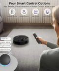 Person using remote control for Beast Robot Vacuum And Mop Combo With 6000Pa Suction And 3.5L Self Emptying Dock, Lidar Navigation