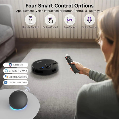 Person using remote control for Beast Robot Vacuum And Mop Combo With 6000Pa Suction And 3.5L Self Emptying Dock, Lidar Navigation