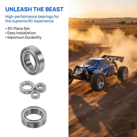 Beefed Up RC Vehicle Bearing Kit 30 Pcs Fits WLtoys One Fourteen 144001 Upgrade Kit With Precision Metal Bearings For Sturdier Wheels And Smoother Rides In RC Cars. 30-piece metal bearings and RC car on dirt track