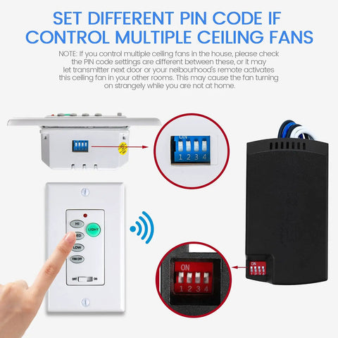 Universal Ceiling Fan Remote Kit With Adjustable Speed And Light Ultra Small Receiver showing pin code settings