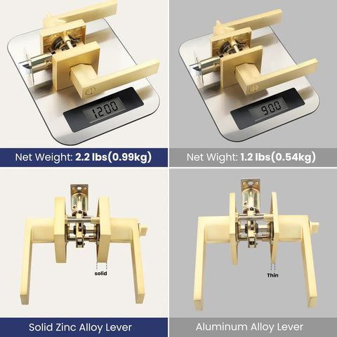 Comparison of two door handles with specs, showing weights and materials for Keyless Privacy Door Lever Set Satin Brass Finish.