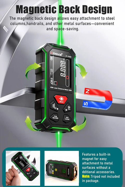 Pro Grade Dual Laser Measuring Tool ZC SG60 with Green Laser 393 Feet Bidirectional Range 196 Feet Unidirectional One Sixteenth Inch Accuracy Readings Time Saving Distance Meter for DIY Construction and Contract Jobs, magnetic back