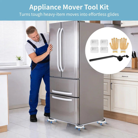 Man using 11 Piece Appliance Mover Kit With Heavy Duty Carbon Steel Pry Bar And Silent Roll Dolly Sliders for refrigerator transport.