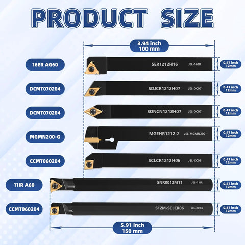 21-Piece Indexable Lathe Tool Set with 7 Half Inch Shanks and Carbide Inserts for precise machining dimensions diagram