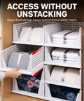 Solid 5 Pack Stackable Plastic Closet Storage Baskets In Crisp White For Slick Home Organization That Maxes Out Vertical Space And Keeps Your Daily Essentials Fresh And Tidy displayed with towels for easy access.