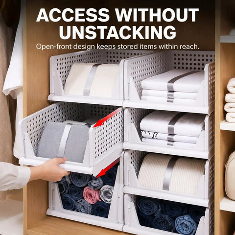 Solid 5 Pack Stackable Plastic Closet Storage Baskets In Crisp White For Slick Home Organization That Maxes Out Vertical Space And Keeps Your Daily Essentials Fresh And Tidy displayed with towels for easy access.