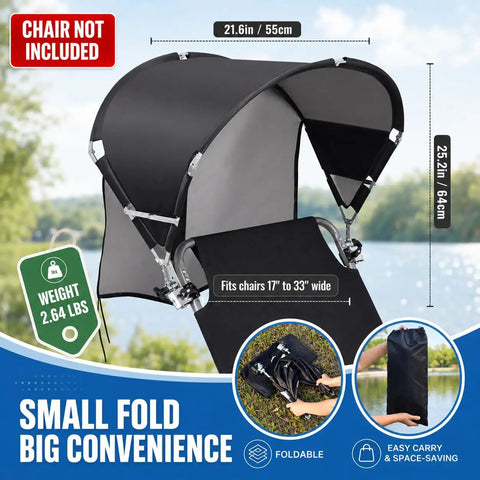 Windproof Chair Umbrella Canopy With Foldable Design And Adjustable Clamp Portable UPF 50 Plus Sun Shade Attachment shown with dimensions.