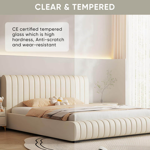Bedroom with clear, tempered glass partition showcasing CE certified scratch-resistant qualities