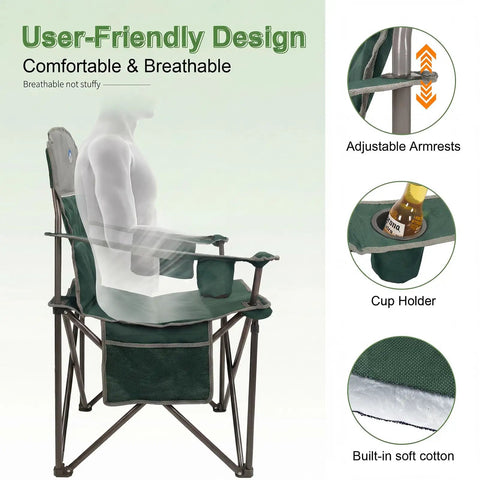Oversized Camping Chairs 2 Pack With Cooler Bag And Cup Holder Padded Lawn Chairs Heavy Duty 350 Lbs Side Pocket Collapsible