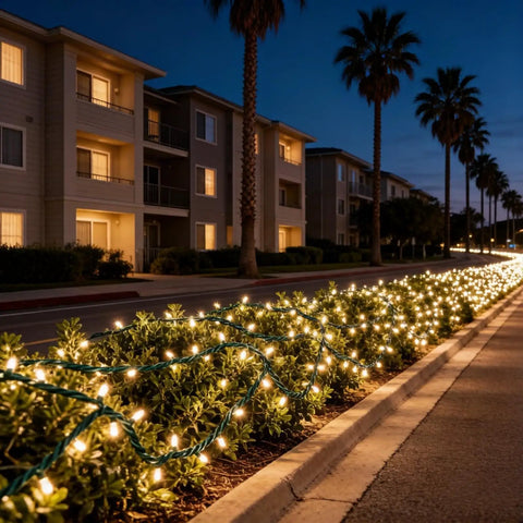 200 LED Warm White Christmas Lights On 66ft Green Wire UL Certified illuminating bushes beside a walkway at night