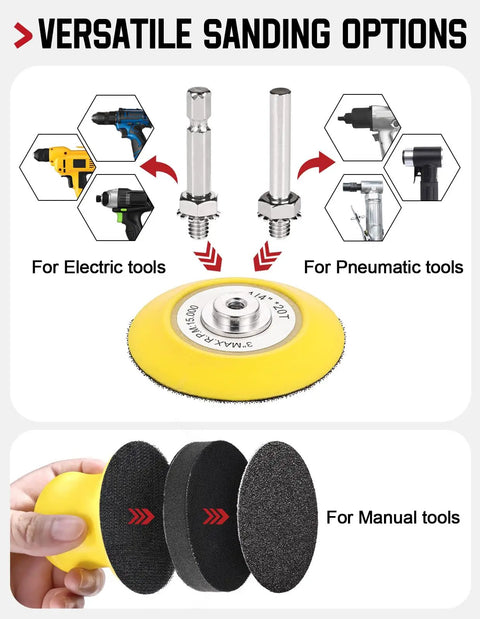 Dope Drill Sanding Attachment Kit with 3 Inch Hook And Loop Discs showing versatile options for electric, pneumatic, manual tools.