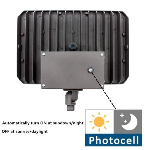 Back view of 150W Outdoor LED Flood Light With One-Half Inch Knuckle Mount And Plate Included, showing photocell sensor
