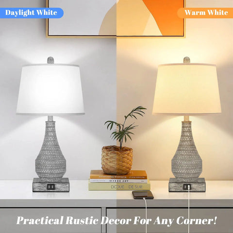 Two Pack Farmhouse Table Lamps With USB Ports For Bedroom Nightstand, 23 Inch Gray Vase Bases And White Shades, Rustic End Table Lighting For Living Room, Rotary Switch, Bulbs Not Included