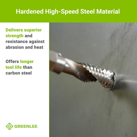 No Nonsense Combination Drill Tap And Countersink Bit For Up To 10 Gauge Metal featuring hardened high-speed steel cutting into metal.