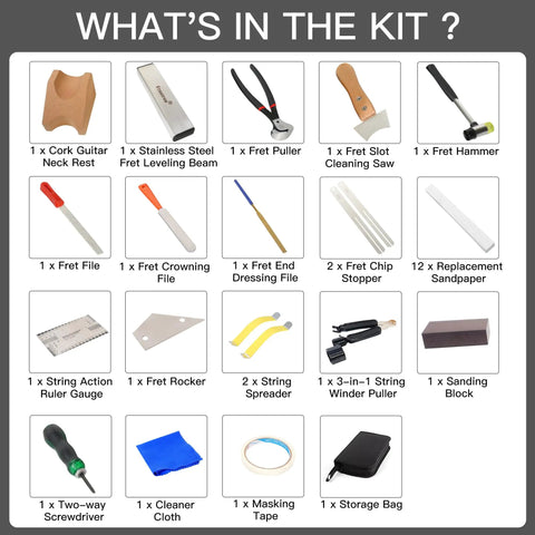 Contents of Pro Grade Guitar Luthier Fret Repair Kit With Neck Rest Fret Leveling Beam Puller Chip Stopper Slot Cleaning Saw