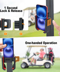 Magnetic Golf Cart Phone Holder With 8 N52 Strong Magnetic Base Universal Fit For EZGO Club Car Yamaha Golf Carts Secure Grip For iPhone Samsung And Other Smartphones Red Accessory For Men And Women showcasing phone secured on cart.