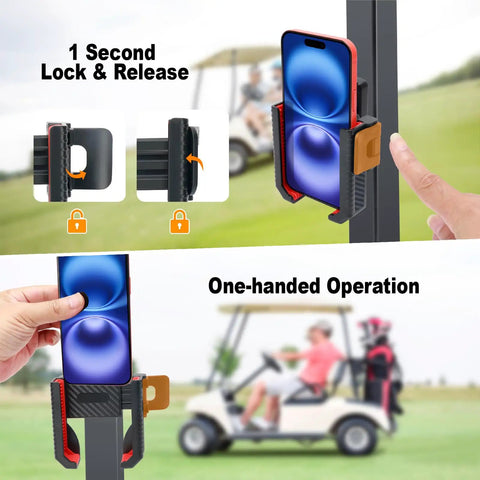 Magnetic Golf Cart Phone Holder With 8 N52 Strong Magnetic Base Universal Fit For EZGO Club Car Yamaha Golf Carts Secure Grip For iPhone Samsung And Other Smartphones Red Accessory For Men And Women showcasing phone secured on cart.