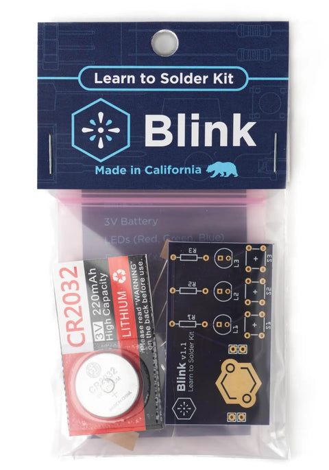 Blink LED Soldering Kit A Hands On Starter Electronics Project Pack For Beginners Perfect For STEM Classes And Events Includes Battery PCB Components And Clear Instructions For Fun Interactive Light Circuit Building, packaging with PCB and battery visible