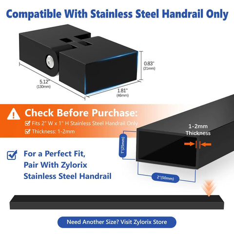 180 Degree Adjustable Vertical Pivot Connector for 2x1 Handrails, Fits Stainless Steel Rectangular Black Rails With 1.885 x 0.901 Inch Opening, Hidden Install, Secure, Clean Look; black stainless steel connector for 2in x 1in handrail