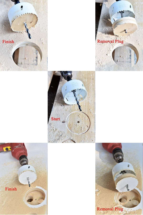 MaxTool 6-1/4 in bi-metal hole saw with M42 HSS, 5/8-18 thread; collage shows start, finish, and plug removal.