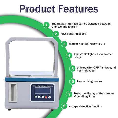 Automatic Tape Tying Machine With Foot Pedal Trigger And Optic Sensor For Produce Bagging Dual Mode Digital Display features display and design.