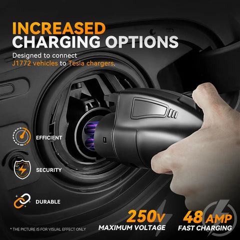 Tesla To SAE J1772 EV Charging Adapter Black 48A 250V AC being connected to a vehicle for efficient charging options.