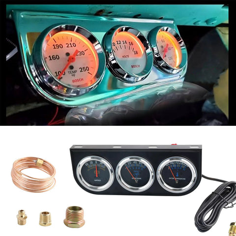 BAGARAATAN triple gauge kit with Bosch chrome 2-inch gauges for water temperature, oil pressure, and amps; installed dashboard view