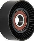 Dayco 89144 idler pulley, black outer wheel with red bearing, front view