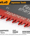 Rip Through Heavy Duty Deep Reach Oscillating Tool Blades For Woodwork, Red Japanese Teeth close-up with sharp edges.