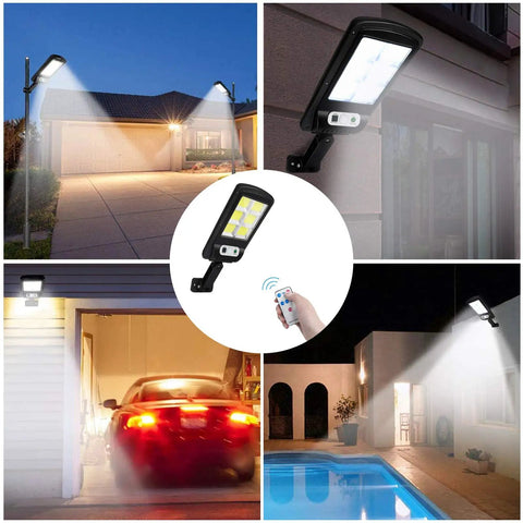 2 Pack Solar Street Lights Outdoor With 120 LED Ultra Bright Motion Sensor Remote Control IP65 Waterproof Wireless Wall Light illuminating driveway, house, garage, and pool.